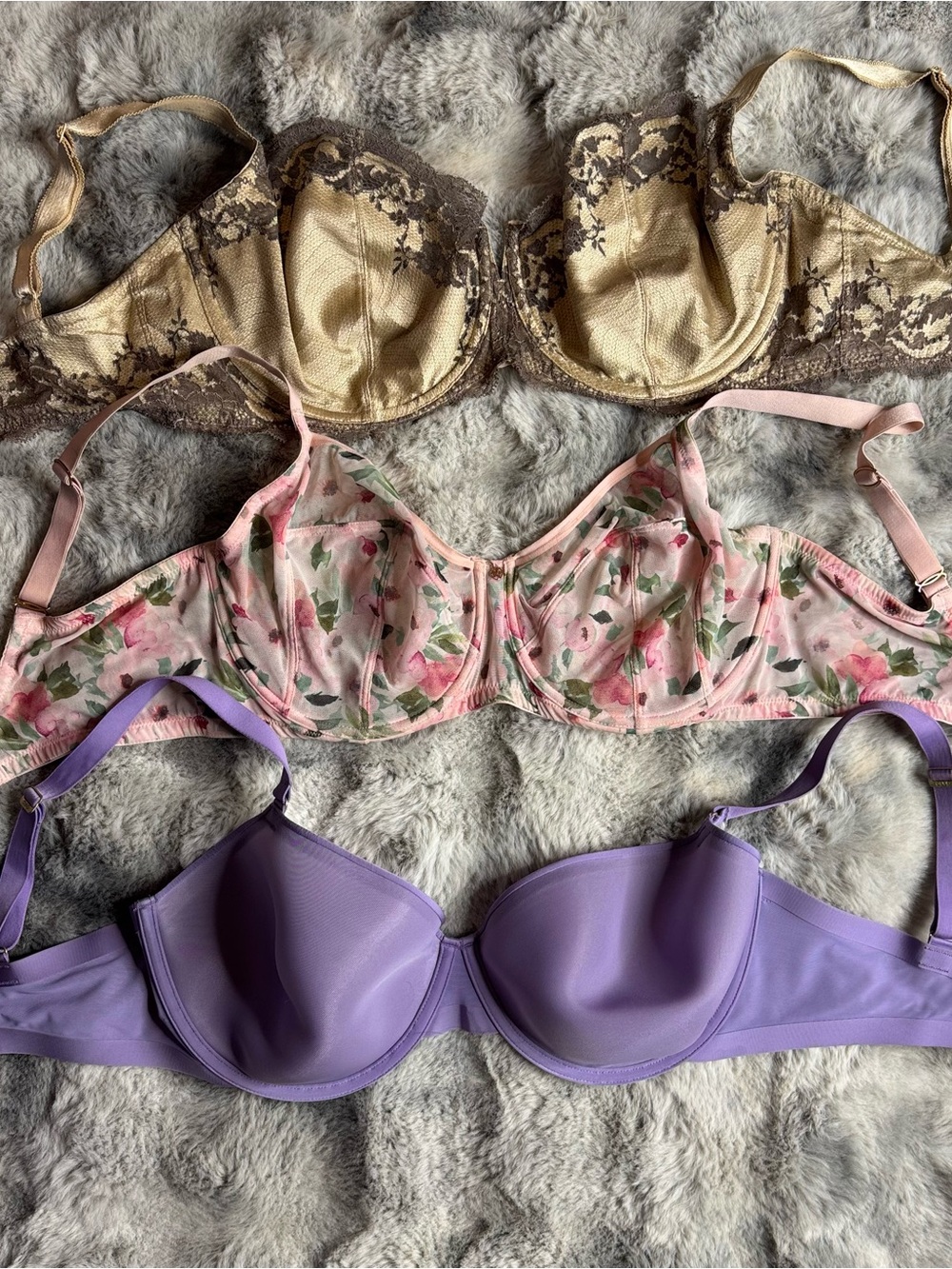 3 Bra Bundle 36G Wacoal Skarlett Blue CUUP Lace Floral Purple Underwire